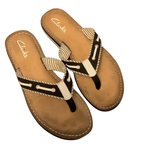 Clarks Breeze Sea Flip Flop Sandals Women Sz 7 Nautical Striped Textile Upper - Picture 1 of 4